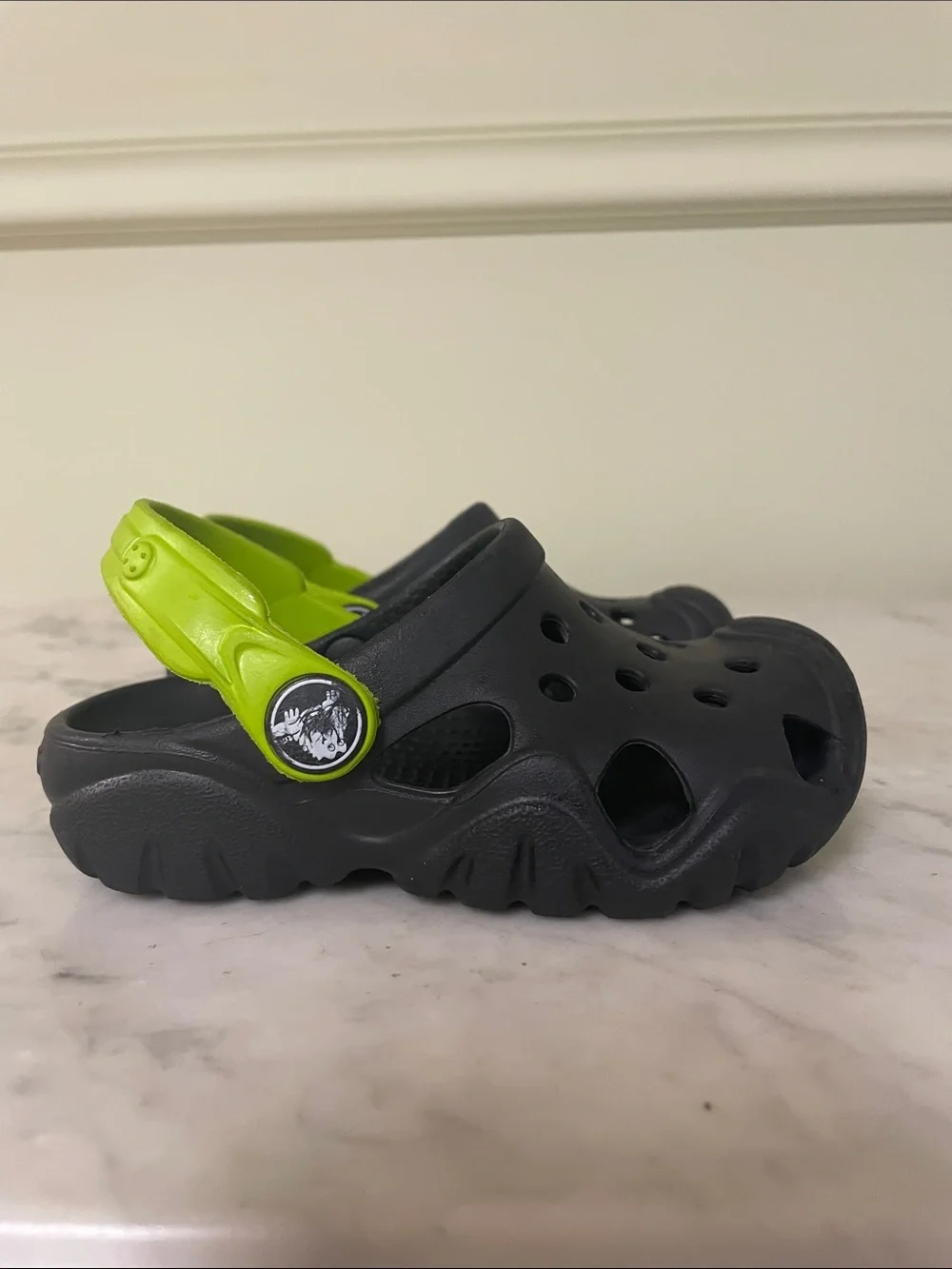 Crocs Kids Black and Lime Green - Size 7